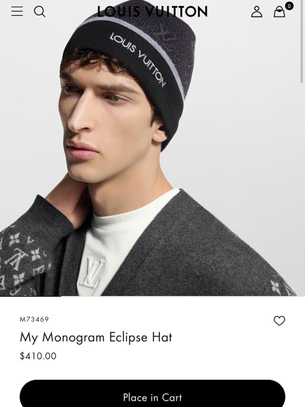 Black Knit Monogram Beanie with Gray Trim